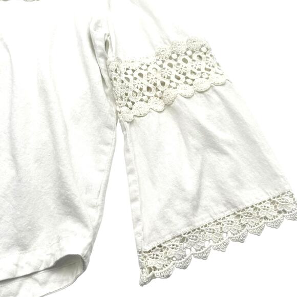 TUCKERNUCK Women's XXL Blanc White Piper Lace Top Tunic Cotton Linen Bell Sleeve - Picture 5 of 11